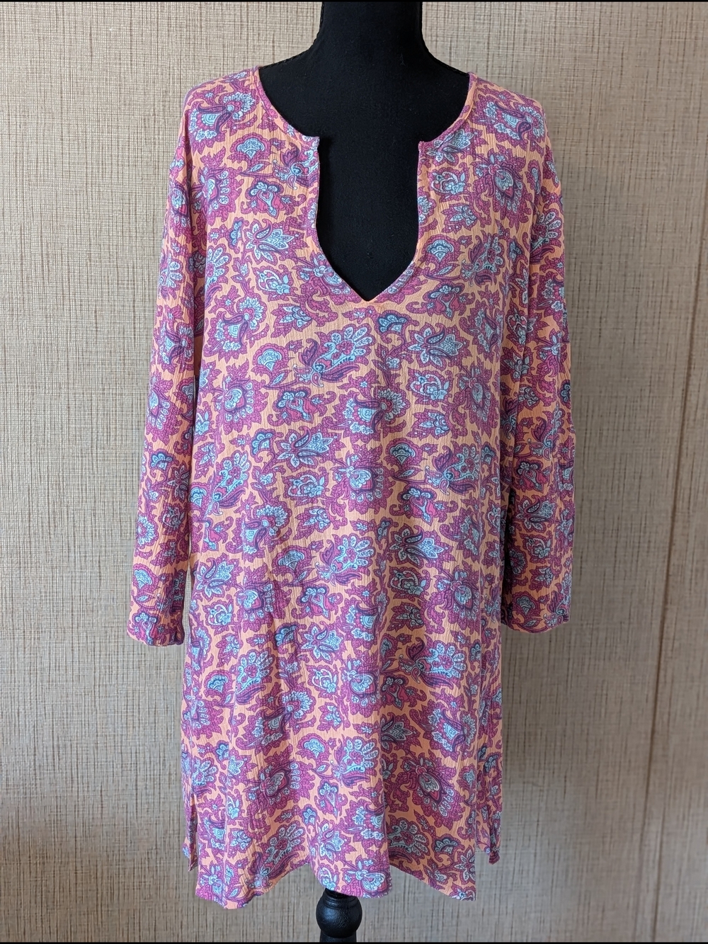 J. Crew Pink & Purple Paisley Notch-Neck Long Sleeve Tunic